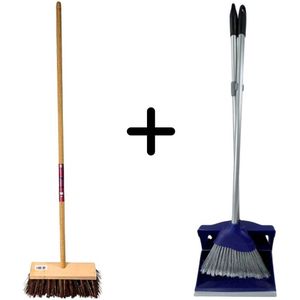 Synx Tools Stadsbezem Steel 150cm & Stoffer en Blik met lange steel 95cm - Harde natuurvezels - Straatbezem - Hotel Stoffer Blik set - sluitend model