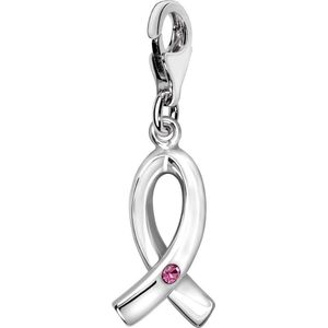 Quiges – Charm – Hanger - 3D Lintje met Zirkonia Roze - Verzilverd - karabijnslot - geschikt - voor - Bedelarmband - QHC040