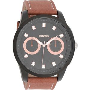 OOZOO Timepieces - Zwarte horloge met bruine leren band - C8208