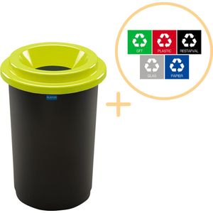 Plafor Eco Bin Ronde Prullenbak voor afvalscheiding - 50L – Zwart/Groen- Inclusief 5-delige Stickerset - Afvalbak voor gemakkelijk Afval Scheiden en Recycling - Afvalemmer - Vuilnisbak voor Huishouden, Keuken en Kantoor - Afvalbakken - Recyclen