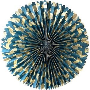 Luna-Leena duurzame eco-papier rosette met gouden konijnen print - blauw - 55øcm - opvouwbaar - handgemaakt in Nepal - gold rabbits - party - muurhanger - kerstcadeau - kerstboom - paasversiering - Easter decoration - pasen - papieren waaier