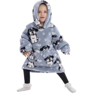 Honden fleece hoodie deken met mouwen - fleece poncho voor kinderen – fleece plaid met mouwen - kids 3/7 jaar – maat 98/128 – lengte 60 cm – warm & zacht – relax outfit kids – grijs - Badrock