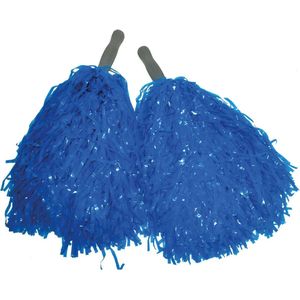 Cheerballs/pompoms - set van 2x - blauw - met franjes en stick handgreep - 25 cm - voor kinderen