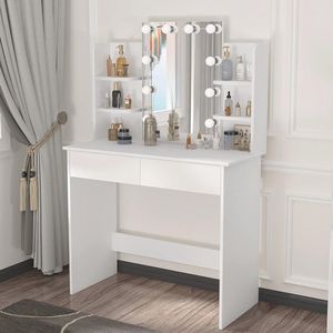 Kaptafel met LED Verlichting en Spiegel, Modern Make-up Tafel met Opbergruimte voor Slaapkamer
