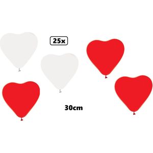 25x Hartjes ballon 30cm rood/wit- Liefde hart Festival feest party verjaardag landen helium lucht thema