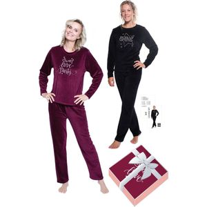 Dames pyjama velour, 2-delige set in geschenkdoos, maat 42/44, kleur bordeaux