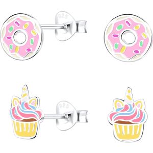 Joy|S - Zilveren donut en cupcake oorbellen set - 2 paar - kinderoorbellen