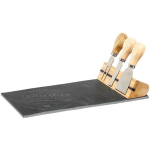 Secret de Gourmet kaasplankje cadeau set - inclusief 3x kaasmesjes - Leisteen/hout - 16 x 32 cm - serveerplank