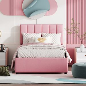 KOMHTOM Kinderbed bed 90x200 cm hydraulisch opbergbed eenpersoonsbed roze
