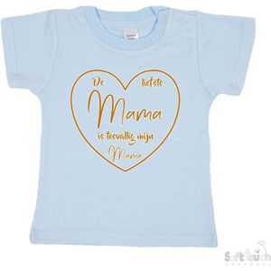 Soft Touch T-shirt Shirtje Korte mouw ""De liefste mama is toevallig mijn mama"" Unisex Katoen Blauw/tan Maat 62/68