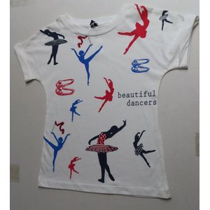 T shirt korte mouwen - Meisjes - Wit - ballerine rood en blauw - 6 jaar 116