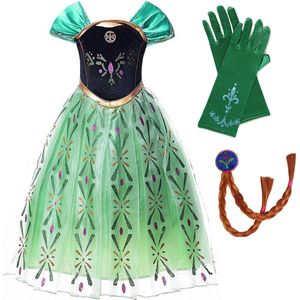 Prinsessenjurk meisje - Anna groene verkleedjurk - Het Betere Merk -Prinsessen speelgoed - maat 128/134 (140)- Verkleedkleren Meisje- Prinsessen handschoenen - Vlechtjes - Verjaardag meisje - Carnavalskleren - Kleedmeisje