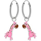 Oorbellen meisje | Zilveren kinderoorbellen | Zilveren oorringen met hanger, roze giraf