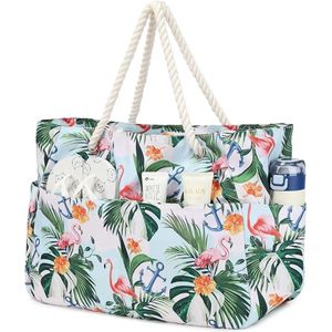 Suweir Strandtas, grote badtas, XXL, familie met ritssluiting, dames, strandtas met natte tas, waterdicht, shopper, tote bag, saunatas, zwemtas voor strand, zwembad, therme, reizen (Flamingo)