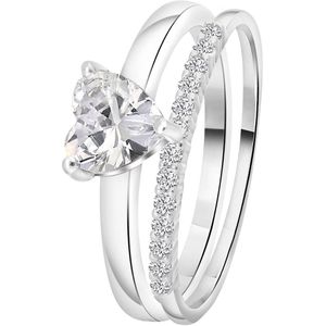 Lucardi Dames Dubbele ring met zirkonia hart - Ring - Moederdag Cadeautje - Echt Zilver - Zilverkleurig