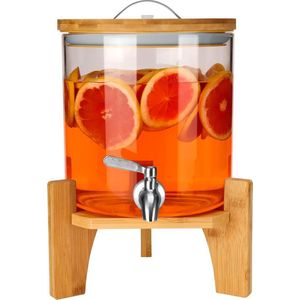 Glass Drink Dispenser with Stainless Steel Tap and Bamboo Stand - 5L 1.3 Gallons Cold Beverage Dispenser for Water Juice Lemonade and Parties