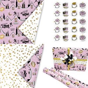 2 rollen Sinterklaas Inpakpapier Roze Goud Zwart Wit - Dubbelzijdig Stevig - 300 x 50 cm