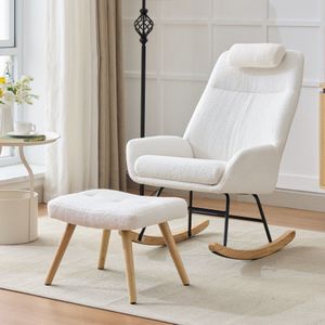 Teddy met een schommelstoel, fauteuil in een witte look, rubberen botten, spuitgieten ijzeren frames, woonkamer fauteuil, slaapkamer fauteuil met hoofdsteun voetsteun