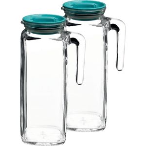 2x stuks glazen schenkkannen met deksel 1 liter - Sapkannen/waterkannen/schenkkannen