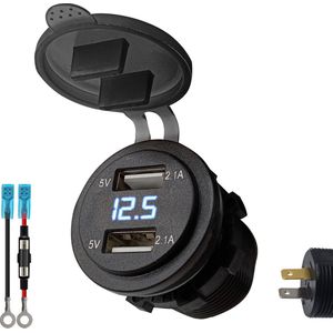 ProRide 12V USB Stopcontact 2 Poorten Inbouw met Voltmeter - 4.2A/5V - PVM1-B - met Aansluitkabel 60cm en Glaszekering 10A - Blauw