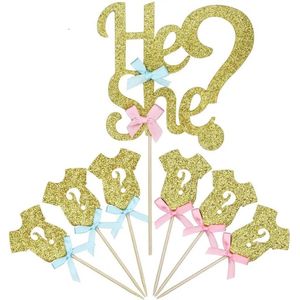 7-delige set Cupcake prikkers en taart topper pakket Gender reveal - genderreveal - geboorte - zwanger - cupcake - taart