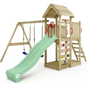 WICKEY speeltoestel klimtoestel MultiFlyer met houten dak, schommel & pastelgroene glijbaan, outdoor klimtoren voor kinderen met zandbak, ladder & speel-accessoires voor de tuin