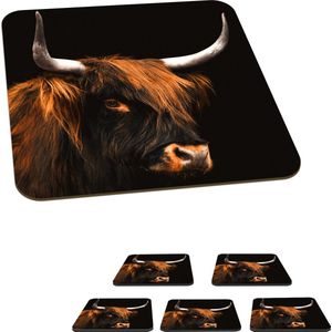 Onderzetters voor glazen - Schotse hooglander - Koe - Zwart - 10x10 cm - Glasonderzetters - 6 stuks