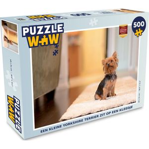 Puzzel Een kleine Yorkshire Terrier zit op een kleedje - Legpuzzel - Puzzel 500 stukjes