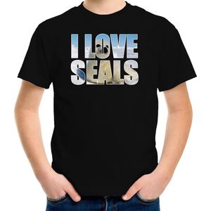 Tekst shirt I love seals met dieren foto van een zeehond zwart voor kinderen - cadeau t-shirt zeehonden liefhebber - kinderkleding / kleding 134/140