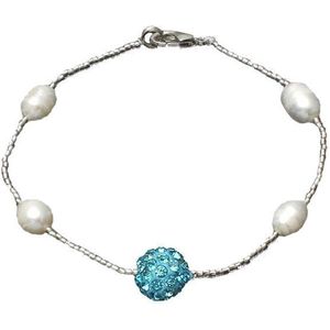 Zoetwater parel armband Pearl Stras Ball Aqua - echte parel - wit - blauw - zilver - stras steentjes - glitter