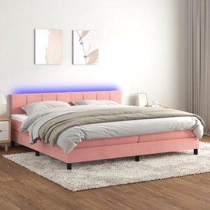 The Living Store Boxspring - Roze Fluweel Bed - 203x200x78/88 cm - Verstelbaar Hoofdbord - Kleurrijke LED-verlichting - Pocketvering Matras - Huidvriendelijk Topmatras - Inclusief Montagehandleiding