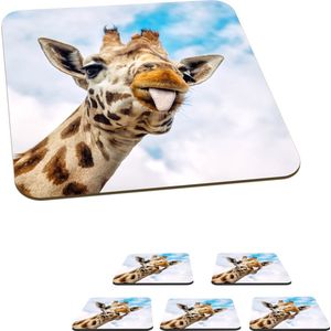 Onderzetters voor glazen - Giraffe - Grappig - Tong - Kinderen - Jongens - Meisjes - Kind - 10x10 cm - Glasonderzetters - 6 stuks