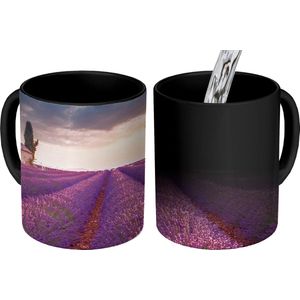 Magische Mok - Foto op Warmte Mokken - Koffiemok - Lavendel - Bloemen - Paars - Veld - Magic Mok - Beker - 350 ML - Theemok