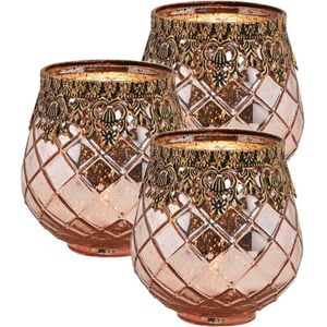 Set van 3x stuks glazen design windlicht/kaarsenhouder in de kleur rose goud met formaat 13 x 14 x 13 cm. Voor waxinelichtjes
