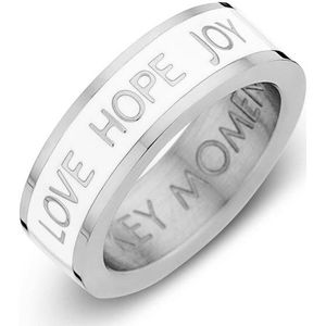 Key Moments Color 8KM R0004 52 Stalen Ring met Tekst - Love Hope Joy - Ringmaat 52 - Cadeau - Zilverkleurig / Wit