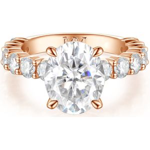 Majestica - 14k Roségouden Ovaal Moissanite Ring met Zijstenen - 3 karaat