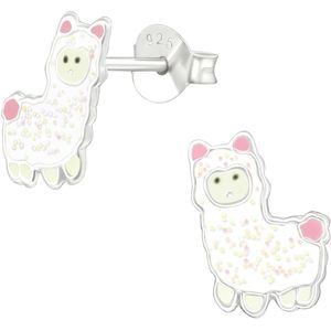 Joy|S - Zilveren Alpaca oorbellen - 7 x 10 mm - wit met glitter en roze oortjes