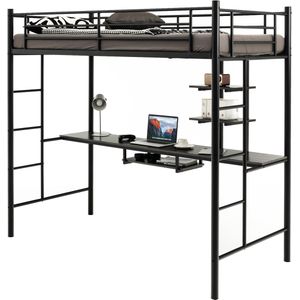 COSTWAY Metalen Loft Bed Frame met Bureau, Zwaar Loft Bed met 2 Ladders en volledige lengte van Leuningen, Ruimtebesparende Bed Frame voor Tieners en Volwassenen, Geen Boxspring Nodig