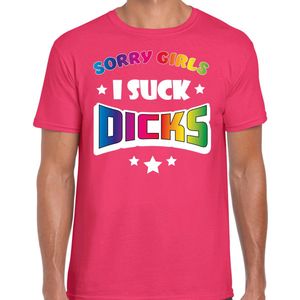 Bellatio Decorations Gay Pride T-shirt voor heren - sorry girls i suck dicks - roze - regenboog M