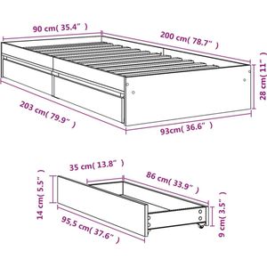 vidaXL - Bedframe - met - lades - bewerkt - hout - zwart - 90x200 - cm