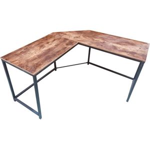 Hoekbureau Stoer - L-vormige computertafel - industrieel vintage - zwart metaal met bruin hout
