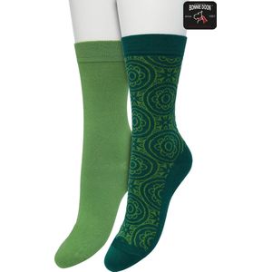 Bonnie Doon Dames Sokken set Groen maat 36/42 - 2 paar - Effen en Print - Bloem - Gladde Naden - Brede Boord - Uitstekend Draagcomfort - Perfecte Pasvorm - 2-pack - Multipack - Effen - Ornament Tile - Trekking Green - Loden Frost - OL211501.273