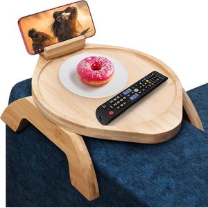 Bekerhouder & Sofa Tray Hout - Voedselveilige Bamboo Couch Bar Houten Dienblad als Sofa Butler voor Drankjes & Snacks - Couch Tray met Draaibare Mobiele Telefoonhouder, Scharnieren & Opvouwbare Armen