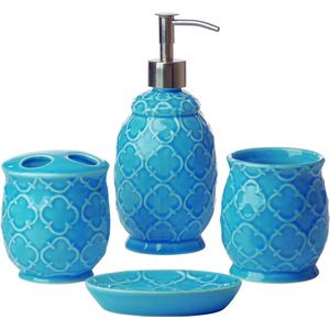 Designer 4-delige badkamer accessoire set - Keramische bad set met vloeibare zeep of lotion dispenser, tandenborstel houder, Tumbler en zeepbakje - Moderne Accessoires voor de Wastafel