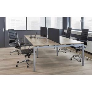 Hoogte verstelbare Bench werkplek Kubus breed 240CM bladkleur Logan eiken framekleur Wit (RAL9010) aantal werkplekken 4