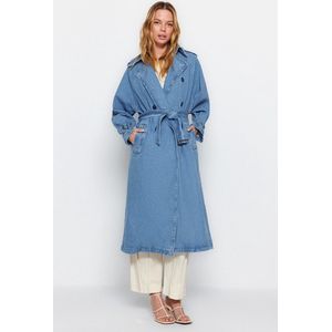 Trendyol Standaard mouw Basis Blauwe denim trenchcoat met riem TWOSS23TR00028