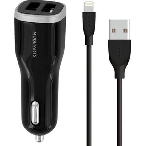 Mobiparts Autoloader - 12W/2.4A - 2 USB Poorten - Smart IC incl. 1m MFi Lighting Kabel - Zwart