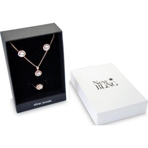 New Bling Gift Set 9NB SET014 54 Sieraden Geschenkset Zilveren Oorbellen 6x8 mm Collier 40+5 cm Ring maat 54 - Zirkonia - Rosékleurig