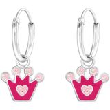 Oorbellen meisje | Kinderoorbellen meisje zilver | Zilveren oorringen met hanger, donkerroze kroon met roze bolletjes | WeLoveSilver