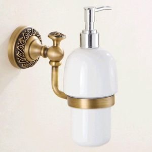 Retro Glazen Zeepdispenser met Wandhouder – Massief Glas & Koperkleurige Afwerking – Wandmontage – Duurzame Badkamer Accessoires – Vintage Stijl – Decoratief voor Badkamer & Keuken